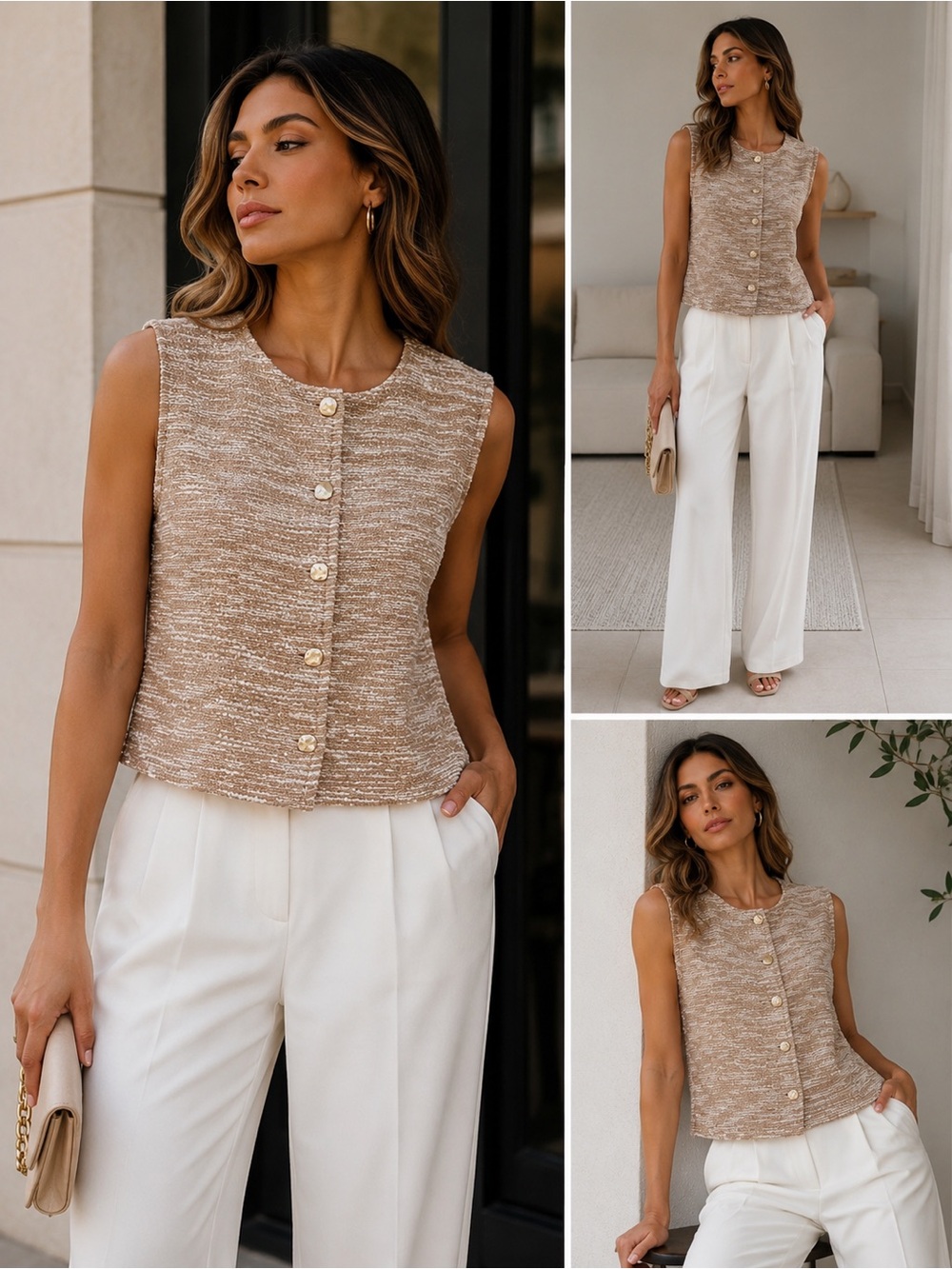 Anne Klein Beige Tweed-Look Sleeveless Button Vest